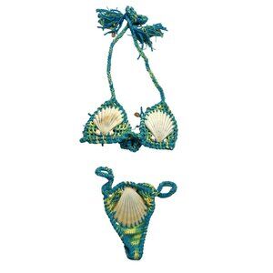 Andi Bagus Lolita Crocheted Seashell Bikini in Blue/Green